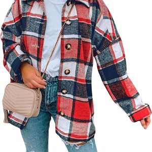 OMZIN Women's Casual Plaid Outwear Shacket Shirts Drop Sleeve Oversized Color Block Coat
