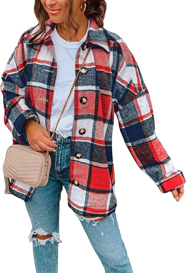 OMZIN Women's Casual Plaid Outwear Shacket Shirts Drop Sleeve Oversized Color Block Coat
