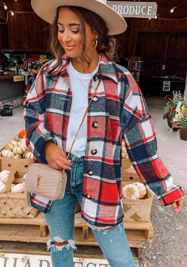 OMZIN Women's Casual Plaid Outwear Shacket Shirts Drop Sleeve Oversized Color Block Coat - Image 2