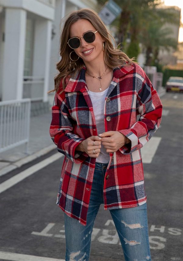 OMZIN Women's Casual Plaid Outwear Shacket Shirts Drop Sleeve Oversized Color Block Coat - Image 3