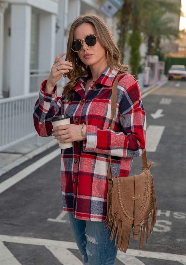 OMZIN Women's Casual Plaid Outwear Shacket Shirts Drop Sleeve Oversized Color Block Coat - Image 4
