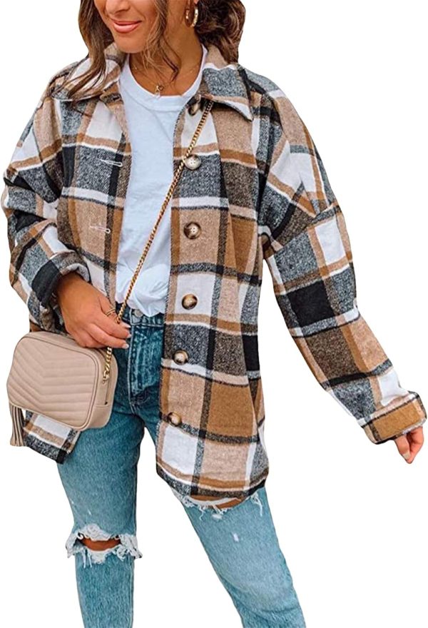 OMZIN Women's Casual Plaid Outwear Shacket Shirts Drop Sleeve Oversized Color Block Coat - Image 6