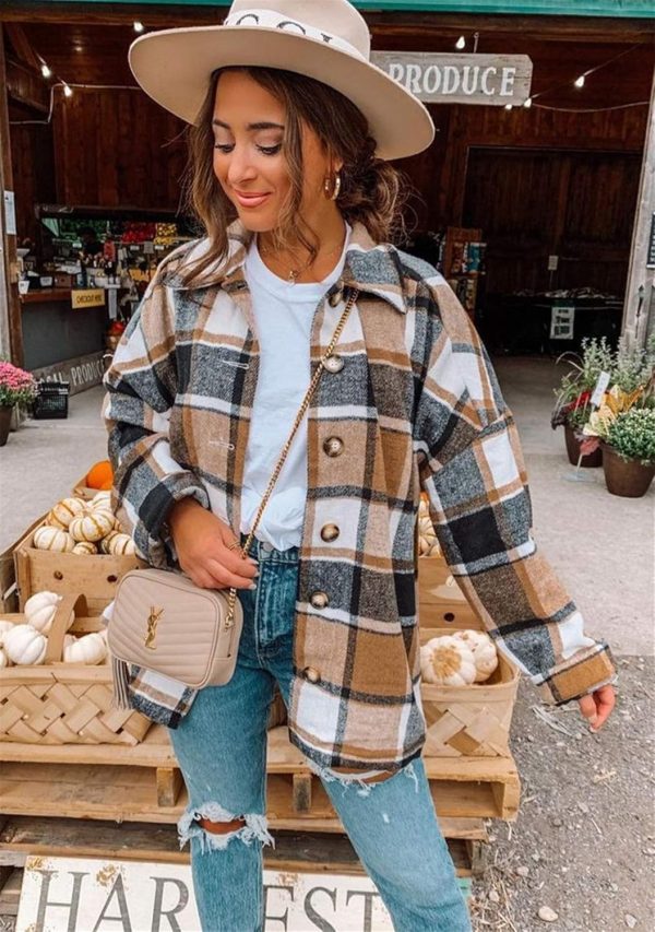 OMZIN Women's Casual Plaid Outwear Shacket Shirts Drop Sleeve Oversized Color Block Coat - Image 7