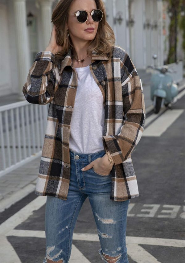 OMZIN Women's Casual Plaid Outwear Shacket Shirts Drop Sleeve Oversized Color Block Coat - Image 8