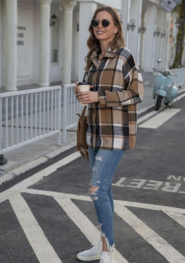 OMZIN Women's Casual Plaid Outwear Shacket Shirts Drop Sleeve Oversized Color Block Coat - Image 9