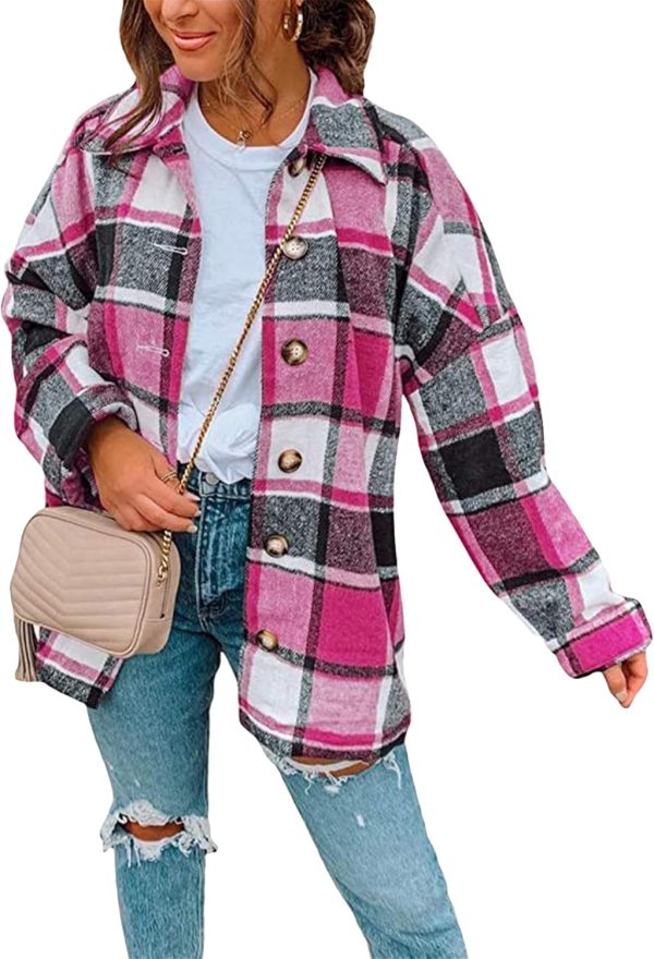 OMZIN Women's Casual Plaid Outwear Shacket Shirts Drop Sleeve Oversized Color Block Coat - Image 11
