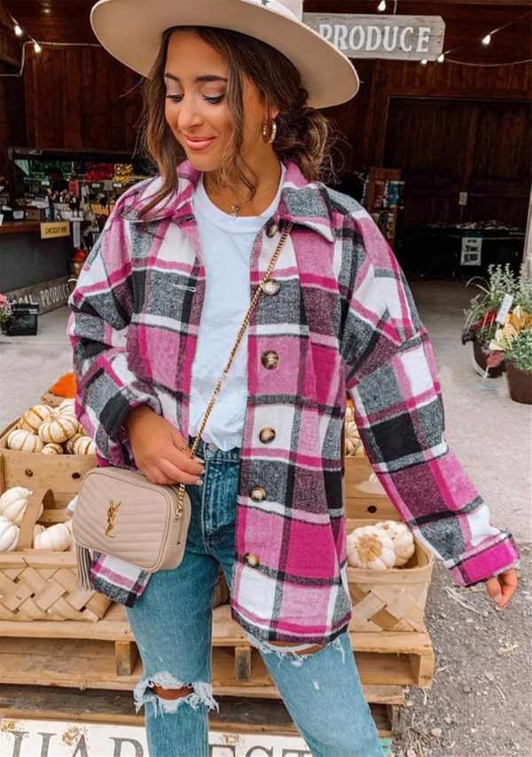 OMZIN Women's Casual Plaid Outwear Shacket Shirts Drop Sleeve Oversized Color Block Coat - Image 12