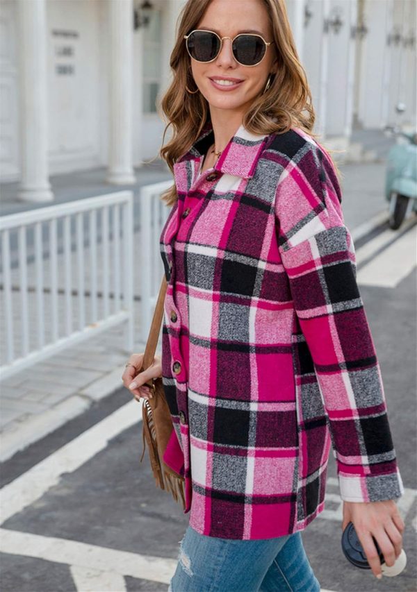 OMZIN Women's Casual Plaid Outwear Shacket Shirts Drop Sleeve Oversized Color Block Coat - Image 13