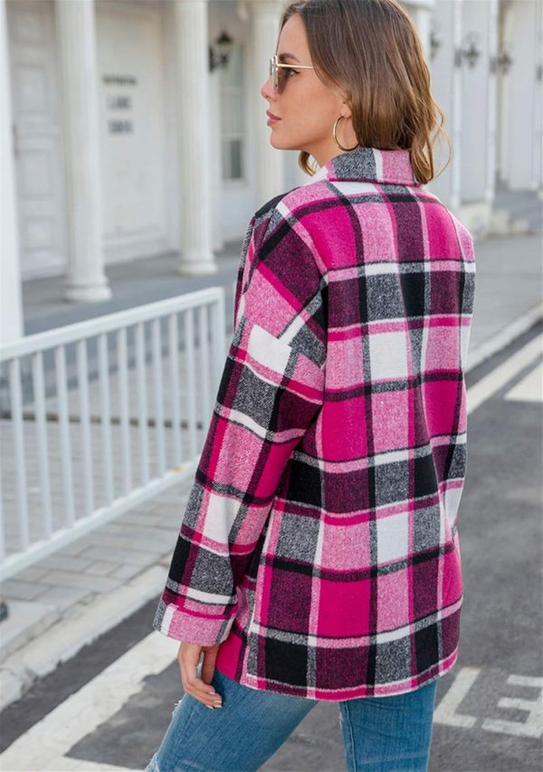 OMZIN Women's Casual Plaid Outwear Shacket Shirts Drop Sleeve Oversized Color Block Coat - Image 14