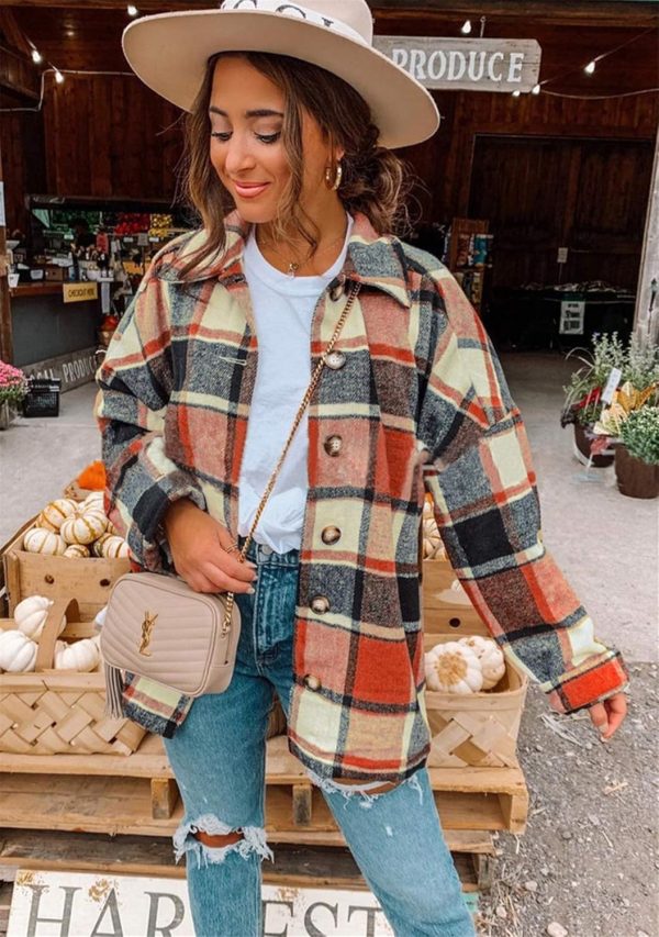 OMZIN Women's Casual Plaid Outwear Shacket Shirts Drop Sleeve Oversized Color Block Coat - Image 16