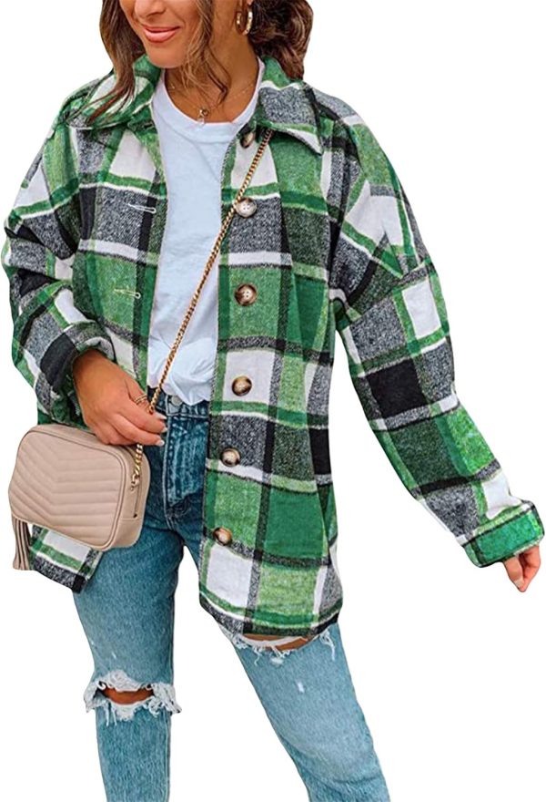 OMZIN Women's Casual Plaid Outwear Shacket Shirts Drop Sleeve Oversized Color Block Coat - Image 17