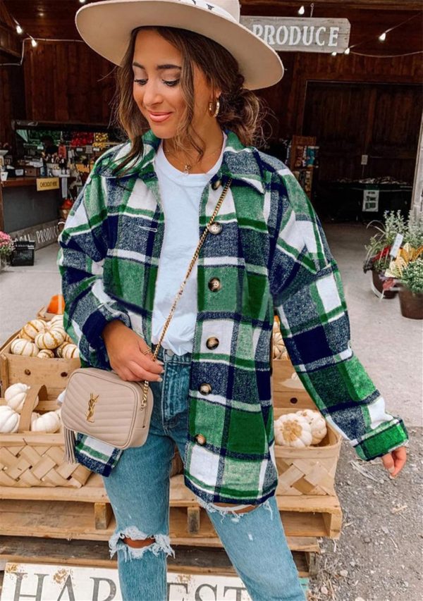 OMZIN Women's Casual Plaid Outwear Shacket Shirts Drop Sleeve Oversized Color Block Coat - Image 18