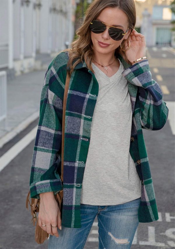 OMZIN Women's Casual Plaid Outwear Shacket Shirts Drop Sleeve Oversized Color Block Coat - Image 19