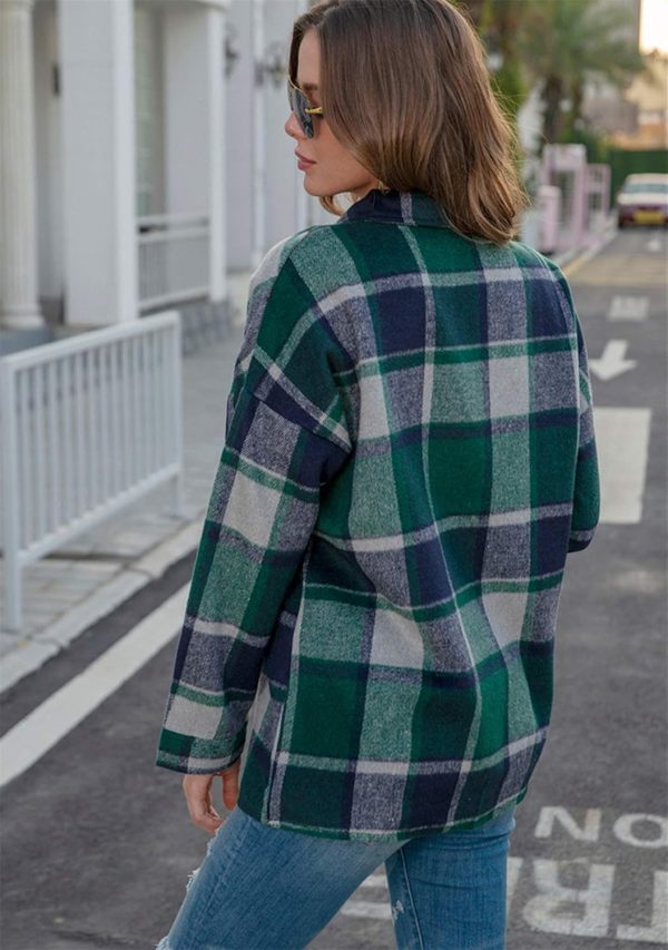 OMZIN Women's Casual Plaid Outwear Shacket Shirts Drop Sleeve Oversized Color Block Coat - Image 21