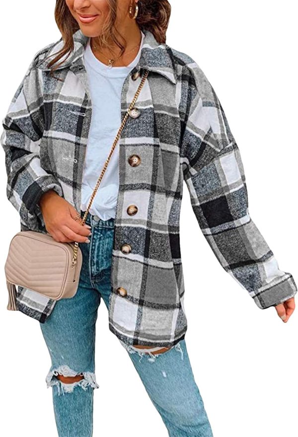OMZIN Women's Casual Plaid Outwear Shacket Shirts Drop Sleeve Oversized Color Block Coat - Image 22