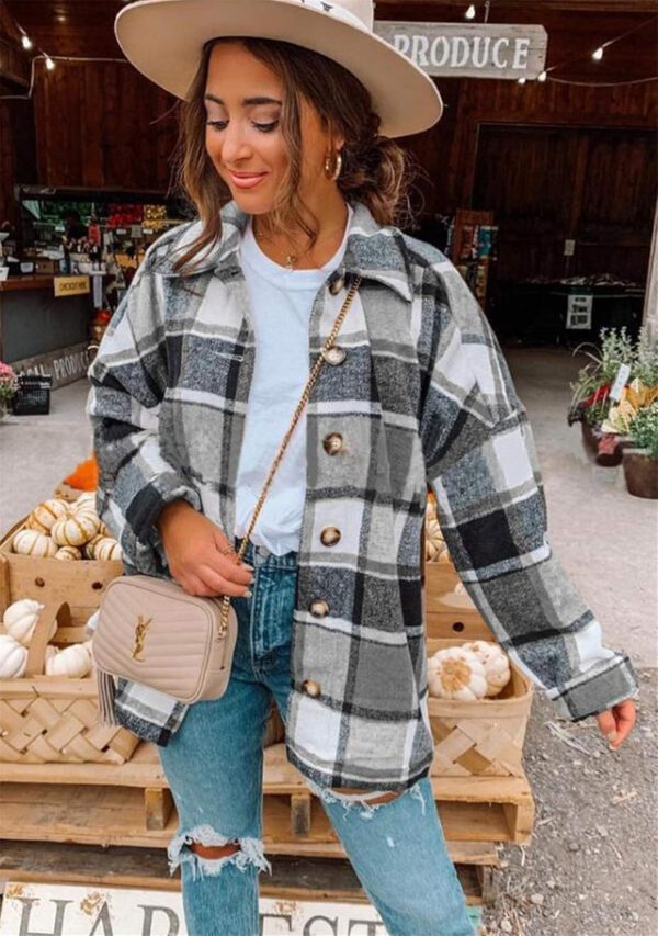 OMZIN Women's Casual Plaid Outwear Shacket Shirts Drop Sleeve Oversized Color Block Coat - Image 23