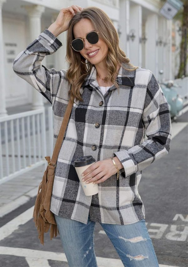 OMZIN Women's Casual Plaid Outwear Shacket Shirts Drop Sleeve Oversized Color Block Coat - Image 24