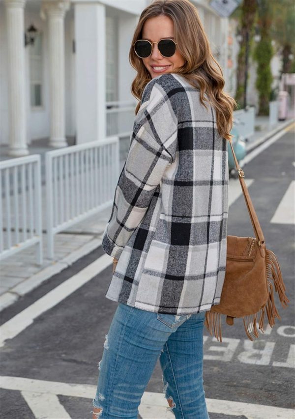 OMZIN Women's Casual Plaid Outwear Shacket Shirts Drop Sleeve Oversized Color Block Coat - Image 25