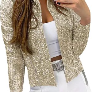 OMZIN Womens Sparkly Club Retro Blazer Shrug Crew Neck Coat Metallic Stylish Jacket