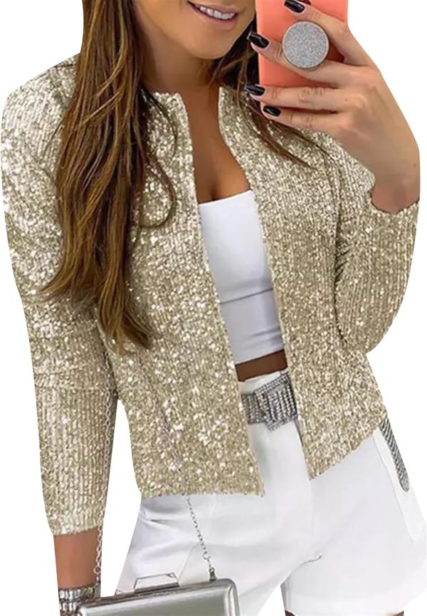 OMZIN Womens Sparkly Club Retro Blazer Shrug Crew Neck Coat Metallic Stylish Jacket