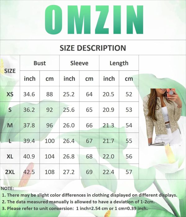 OMZIN Womens Sparkly Club Retro Blazer Shrug Crew Neck Coat Metallic Stylish Jacket - Image 2