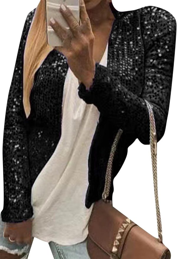 OMZIN Womens Sparkly Club Retro Blazer Shrug Crew Neck Coat Metallic Stylish Jacket - Image 3