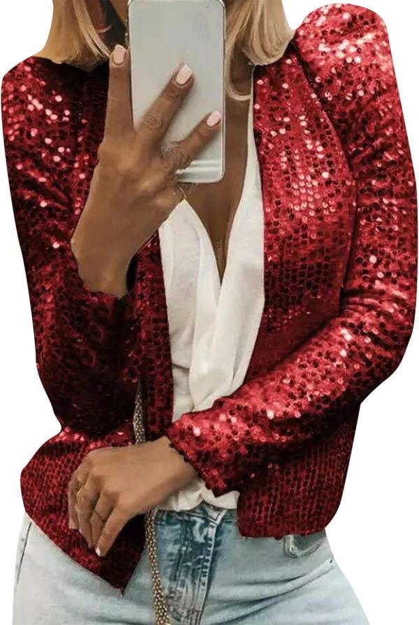 OMZIN Womens Sparkly Club Retro Blazer Shrug Crew Neck Coat Metallic Stylish Jacket - Image 4
