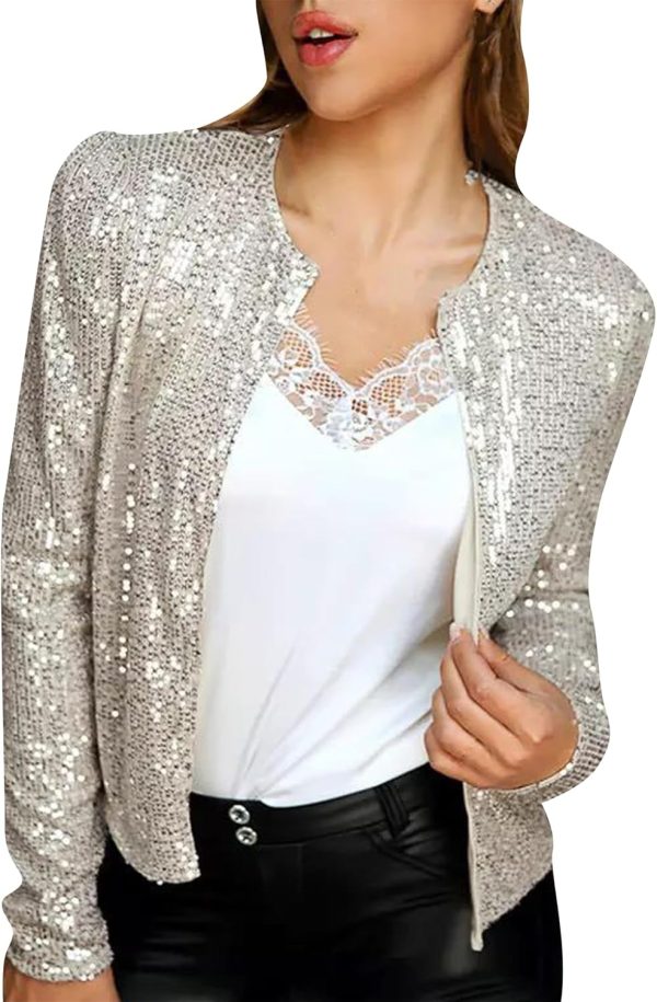 OMZIN Womens Sparkly Club Retro Blazer Shrug Crew Neck Coat Metallic Stylish Jacket - Image 5