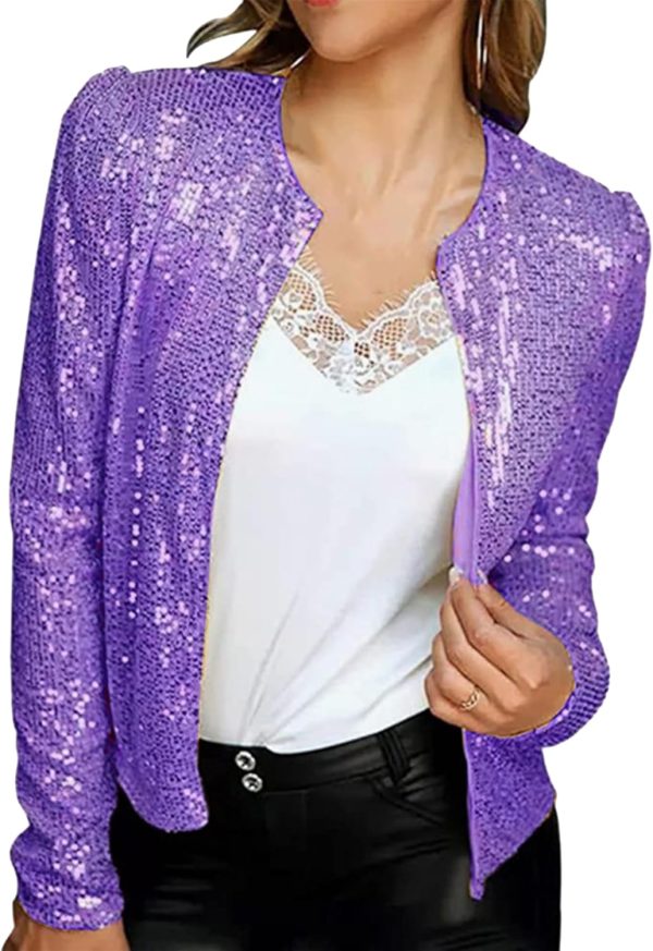 OMZIN Womens Sparkly Club Retro Blazer Shrug Crew Neck Coat Metallic Stylish Jacket - Image 6