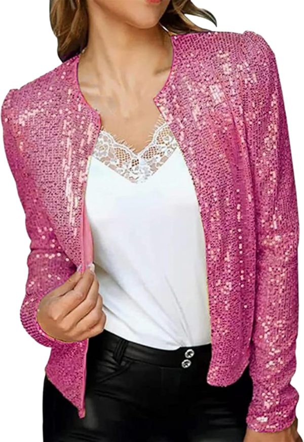 OMZIN Womens Sparkly Club Retro Blazer Shrug Crew Neck Coat Metallic Stylish Jacket - Image 7