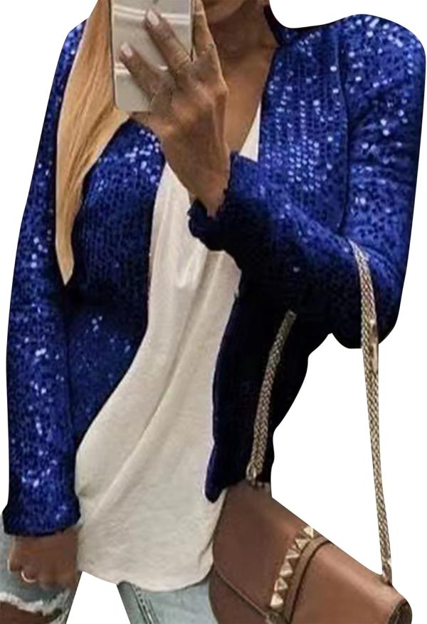OMZIN Womens Sparkly Club Retro Blazer Shrug Crew Neck Coat Metallic Stylish Jacket - Image 8