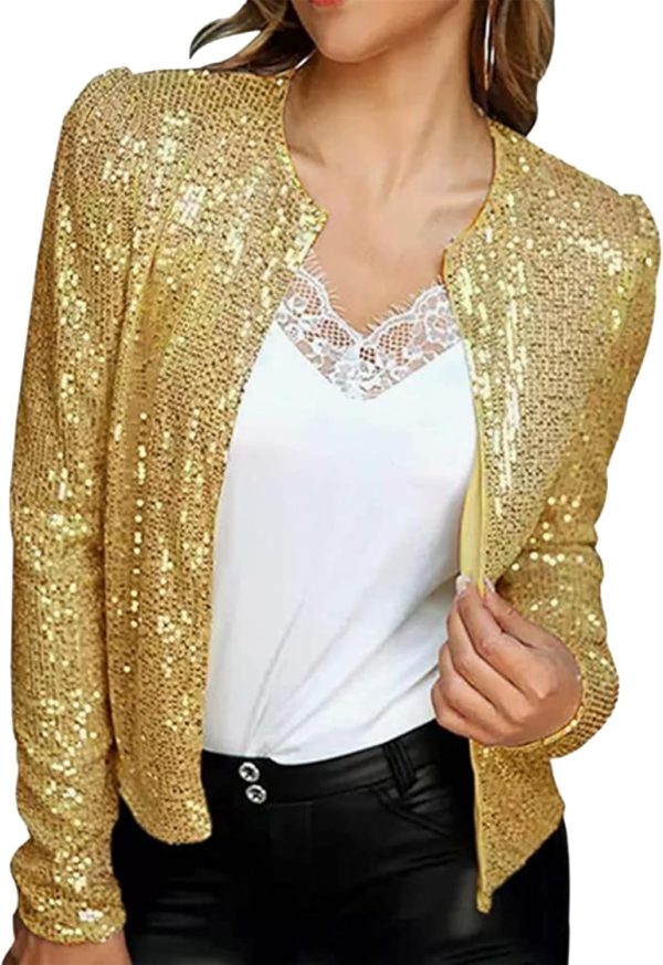 OMZIN Womens Sparkly Club Retro Blazer Shrug Crew Neck Coat Metallic Stylish Jacket - Image 9