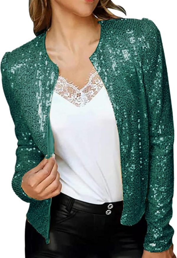 OMZIN Womens Sparkly Club Retro Blazer Shrug Crew Neck Coat Metallic Stylish Jacket - Image 10