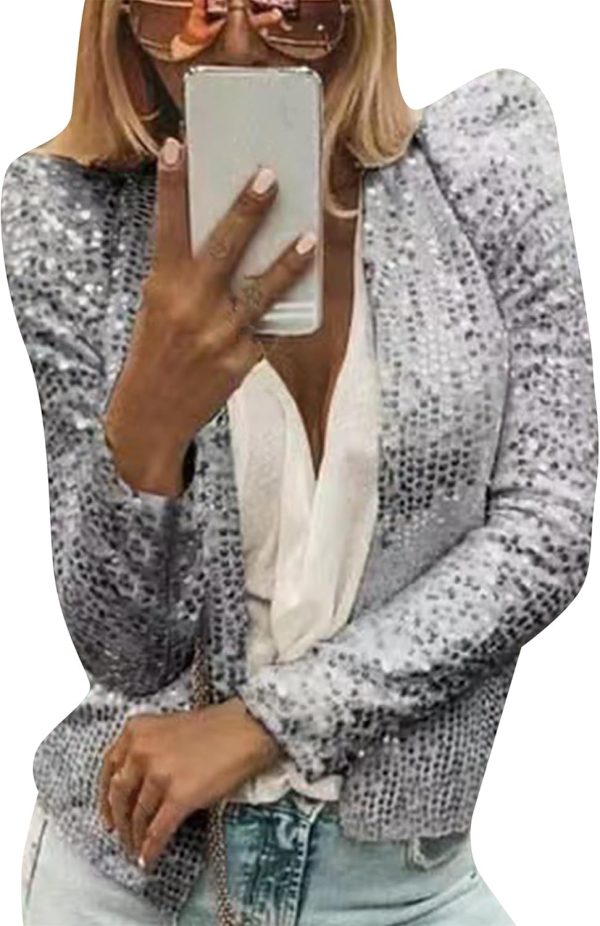OMZIN Womens Sparkly Club Retro Blazer Shrug Crew Neck Coat Metallic Stylish Jacket - Image 11
