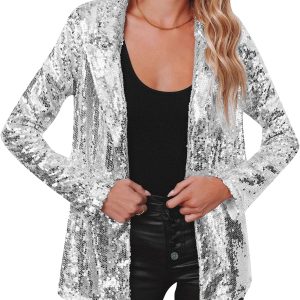 OMZIN Women Casual Sequin Baggy Blazer Long Sleeve Concert Jacket Glitter Trendy Plus Size Jacket