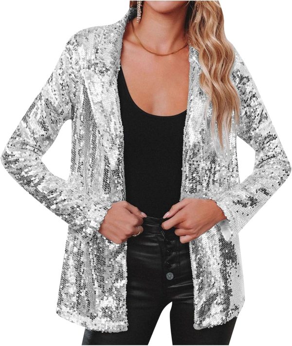 OMZIN Women Casual Sequin Baggy Blazer Long Sleeve Concert Jacket Glitter Trendy Plus Size Jacket