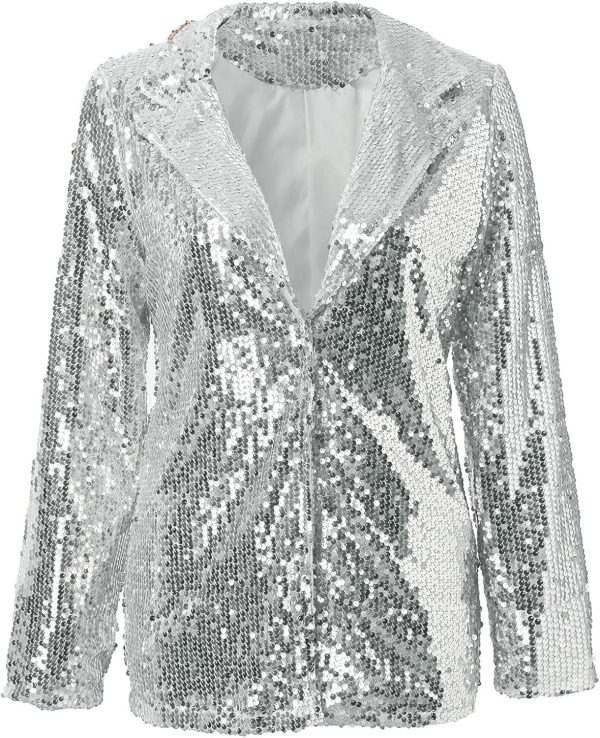 OMZIN Women Casual Sequin Baggy Blazer Long Sleeve Concert Jacket Glitter Trendy Plus Size Jacket - Image 2