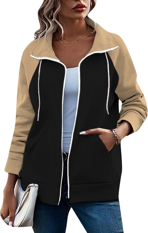 OMZIN Women's Color Block Blouses Zip Up Shirts Pocket Long Sleeves Jacket Coats