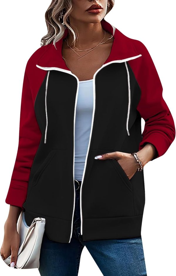 OMZIN Women's Color Block Blouses Zip Up Shirts Pocket Long Sleeves Jacket Coats - Image 3