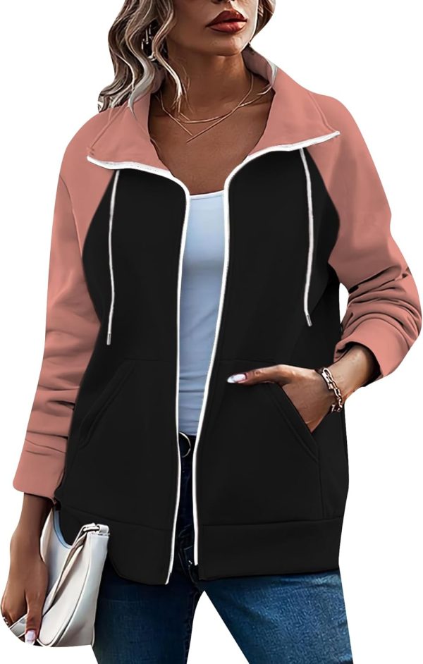OMZIN Women's Color Block Blouses Zip Up Shirts Pocket Long Sleeves Jacket Coats - Image 5