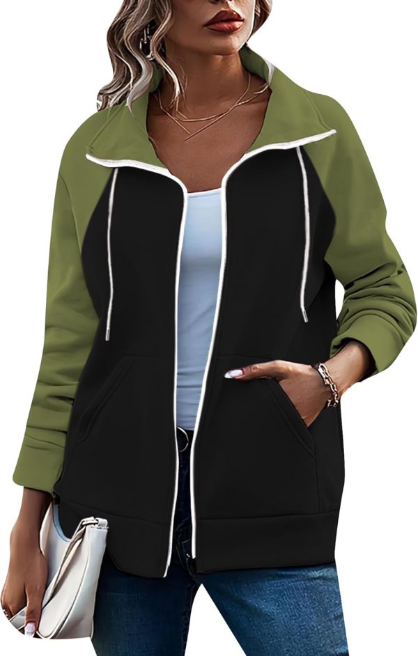 OMZIN Women's Color Block Blouses Zip Up Shirts Pocket Long Sleeves Jacket Coats - Image 9