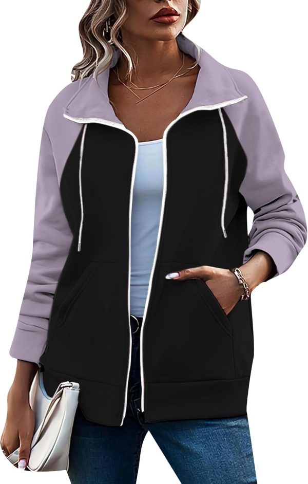 OMZIN Women's Color Block Blouses Zip Up Shirts Pocket Long Sleeves Jacket Coats - Image 11