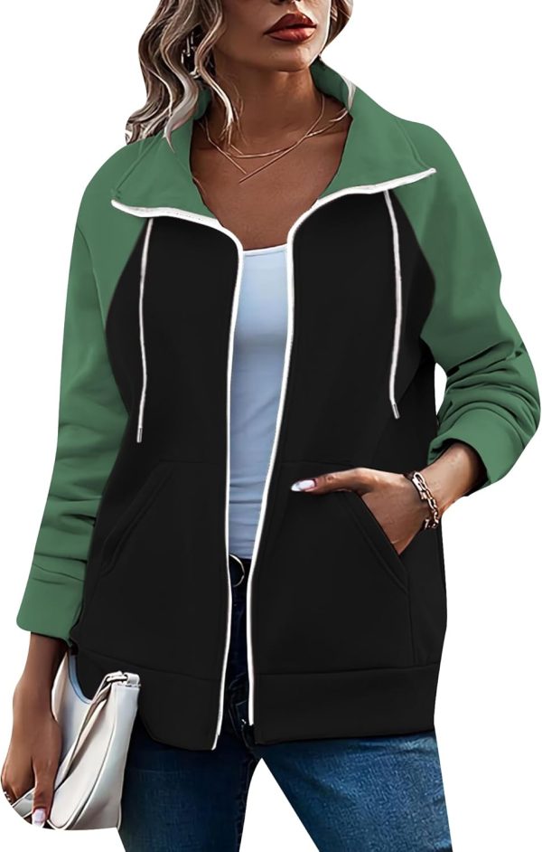 OMZIN Women's Color Block Blouses Zip Up Shirts Pocket Long Sleeves Jacket Coats - Image 13