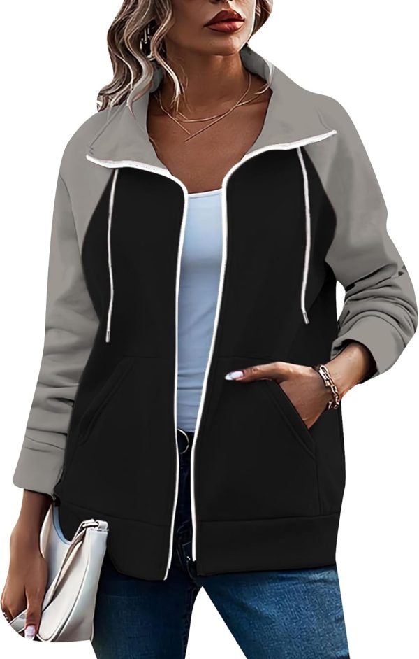 OMZIN Women's Color Block Blouses Zip Up Shirts Pocket Long Sleeves Jacket Coats - Image 15