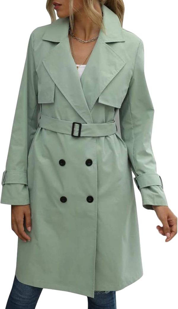 OMZIN Women Double Breasted Autumn Windbreaker Long Sleeve Causal Jacket With Belt Mid Length Classic Work Coat