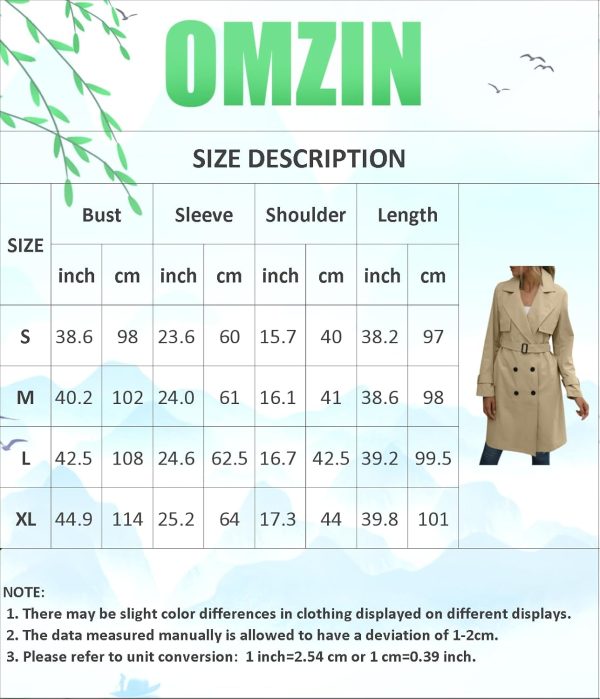 OMZIN Women Double Breasted Autumn Windbreaker Long Sleeve Causal Jacket With Belt Mid Length Classic Work Coat - Image 5