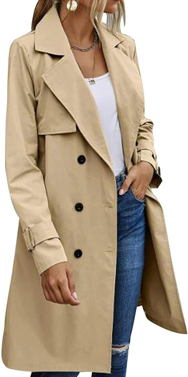 OMZIN Women Double Breasted Autumn Windbreaker Long Sleeve Causal Jacket With Belt Mid Length Classic Work Coat - Image 15