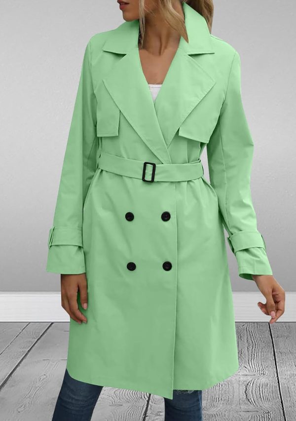 OMZIN Women Double Breasted Autumn Windbreaker Long Sleeve Causal Jacket With Belt Mid Length Classic Work Coat - Image 19