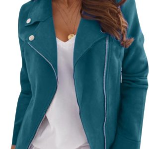 OMZIN Women Zipper Plain Color Outwear Faux Suede Party Retro Coat Bomber Long Sleeve Jacket