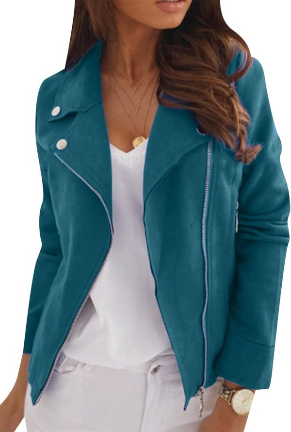 OMZIN Women Zipper Plain Color Outwear Faux Suede Party Retro Coat Bomber Long Sleeve Jacket
